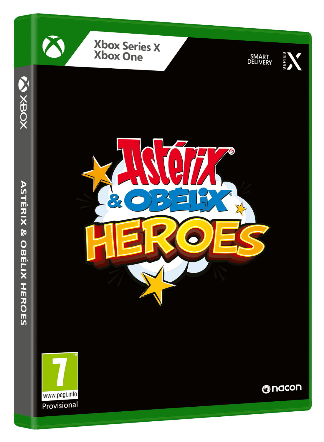 Caja de juego Xbox Series X. Presenta el título Asterix & Obelix Heroes, esquema de color verde y negro.