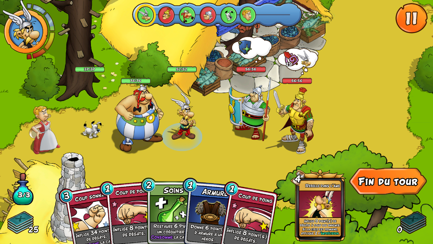 Asterix, Obelix y romanos en una escena de juego de dibujos animados con cartas.