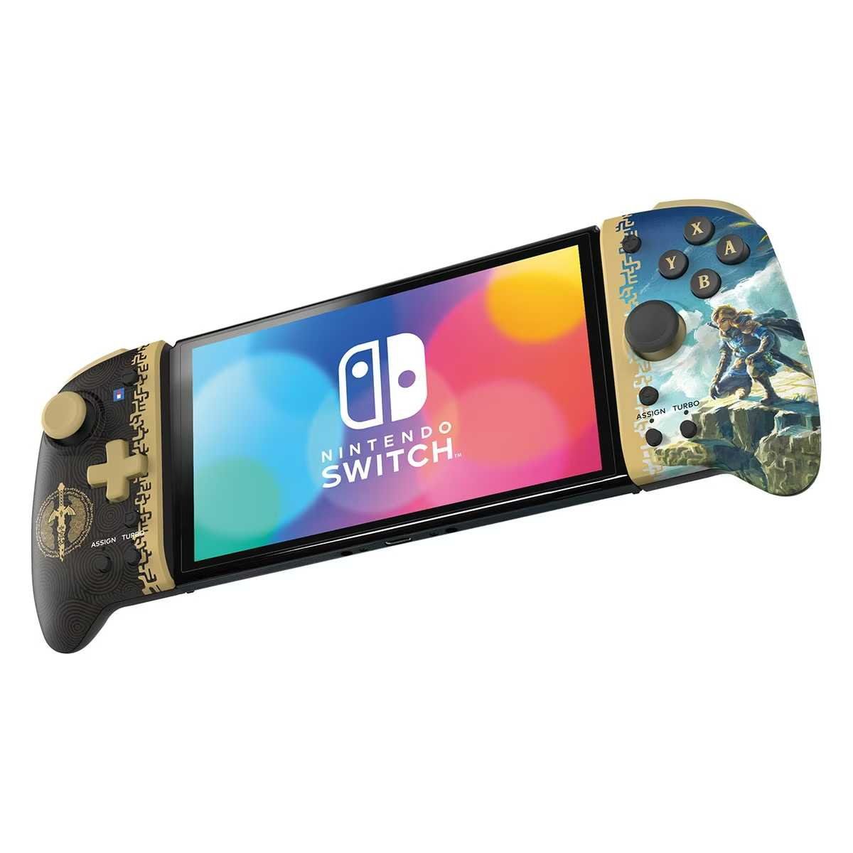 Nintendo Switch con mandos acoplados, mostrando una escena del juego Zelda en pantalla.