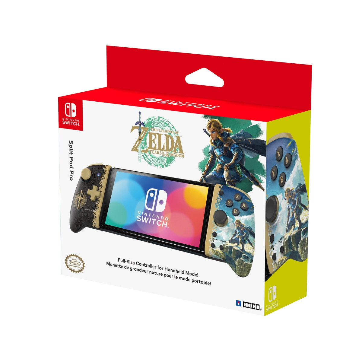 Caja del Nintendo Switch Split Pad Pro. Muestra el controlador y una imagen del juego de Zelda. Caja roja y blanca.