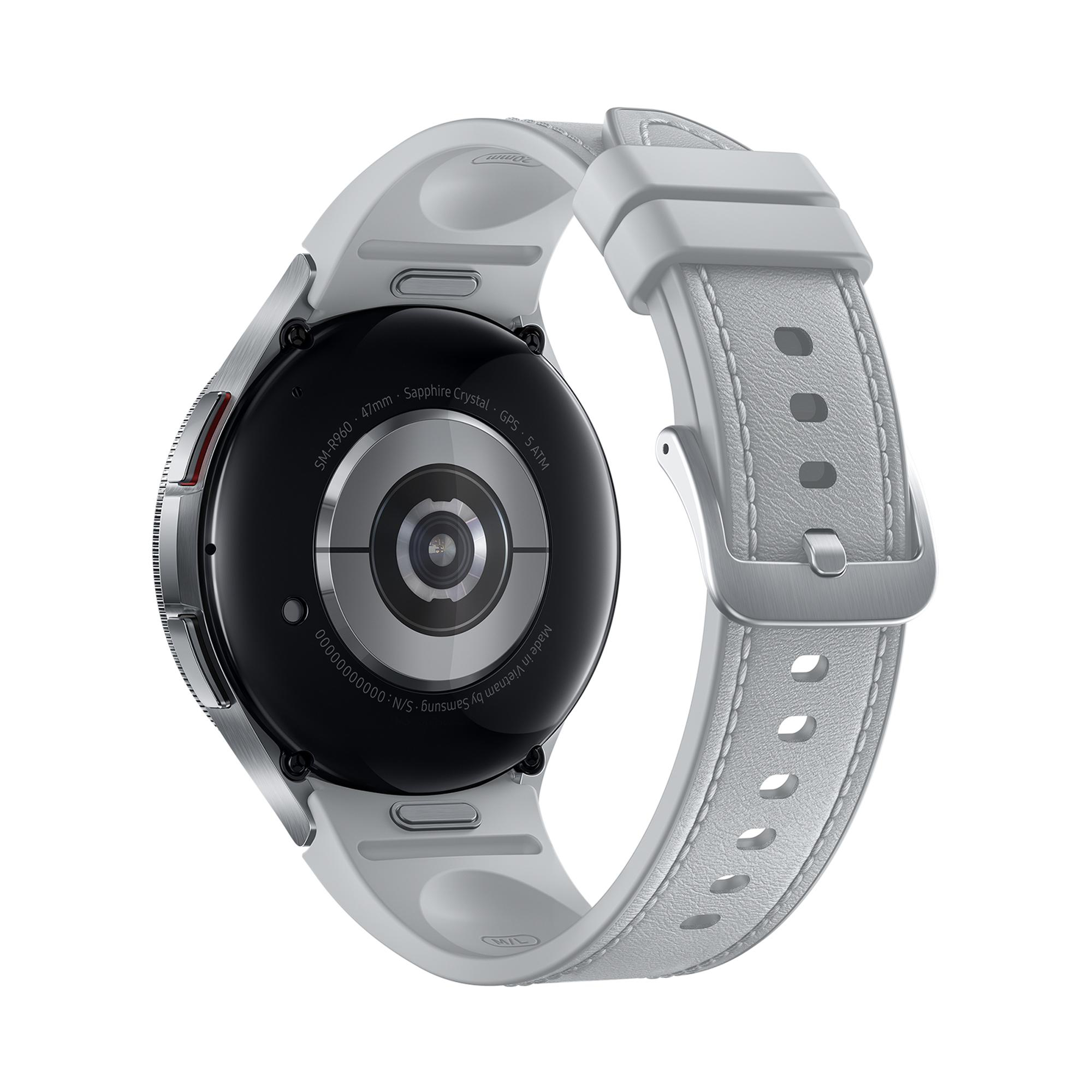 Weiße Smartwatch. Die Uhr hat ein graues Armband und wird von der Rückseite gezeigt.