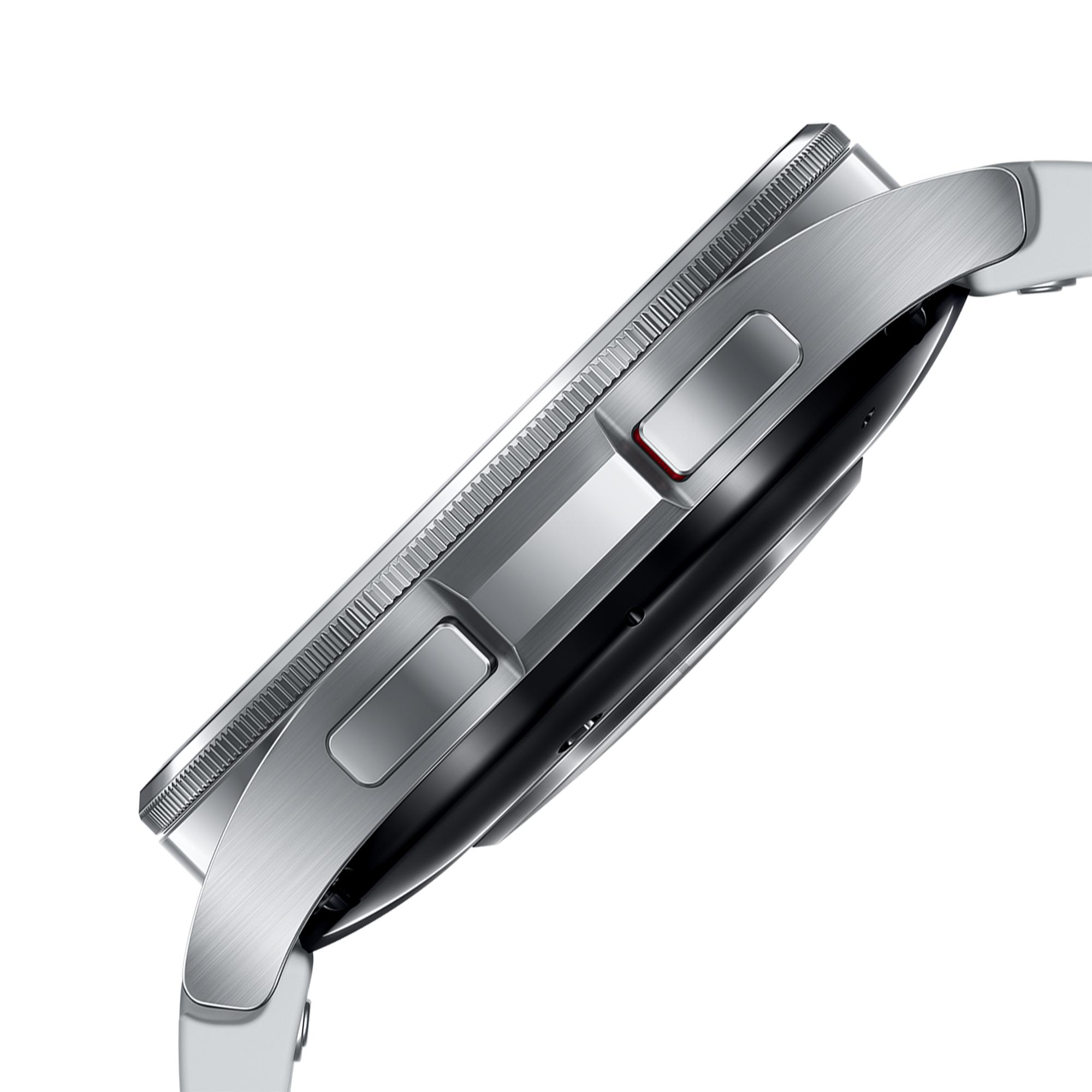 Seitenansicht einer silbernen Smartwatch. Sie hat eine drehbare Lünette und zwei Tasten.