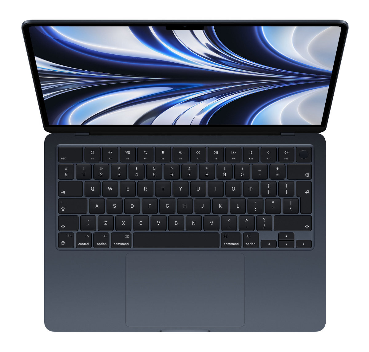 Niebiesko-szary laptop, otwarty, widok z góry. Klawiatura i ekran widoczne.