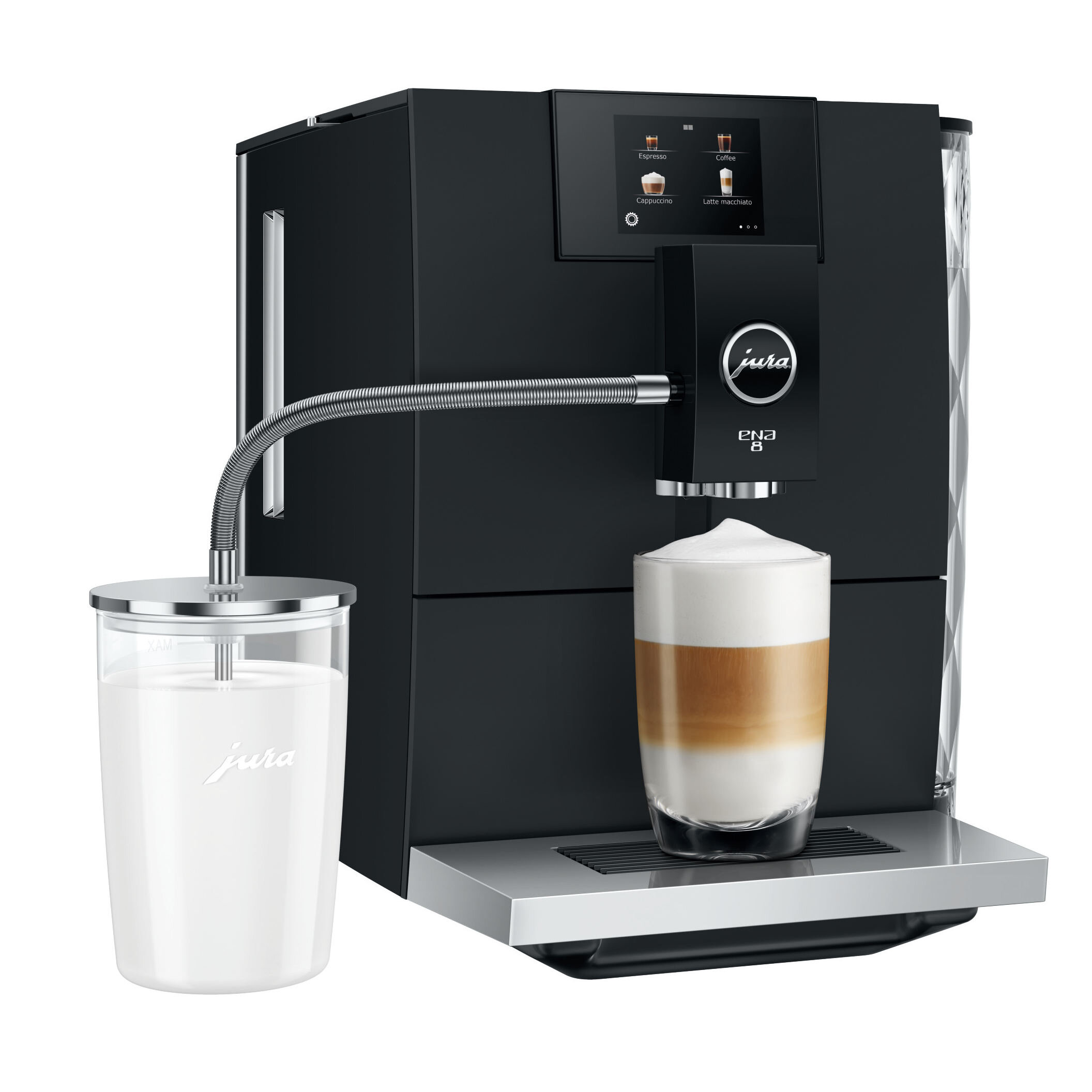 Czarny ekspres do kawy z pojemnikiem na mleko i szklanką warstwowej kawy, na białym tle.