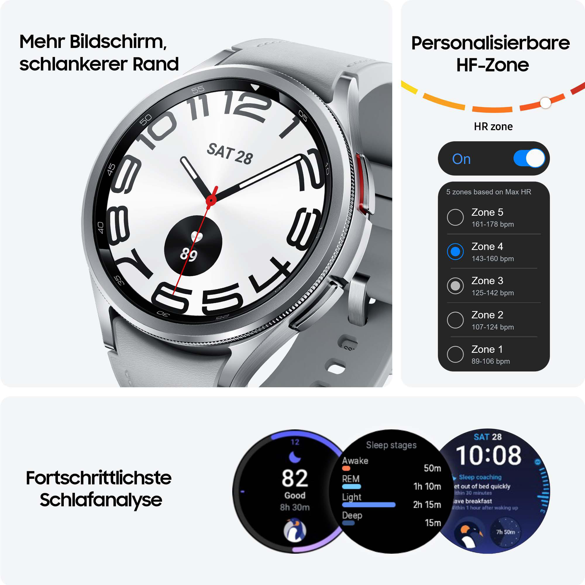Smartwatch mit weißem Zifferblatt. Auf der rechten Seite befinden sich eine Zonenanzeige und eine Schlafanalyse.