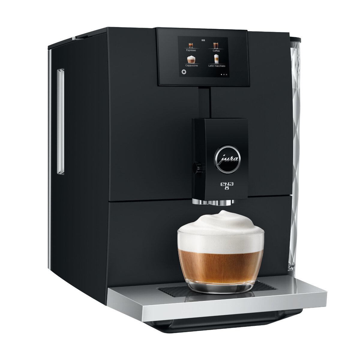 Czarny ekspres do kawy ze szklanką kawy i pianką z przodu. Cyfrowy ekran na górze.