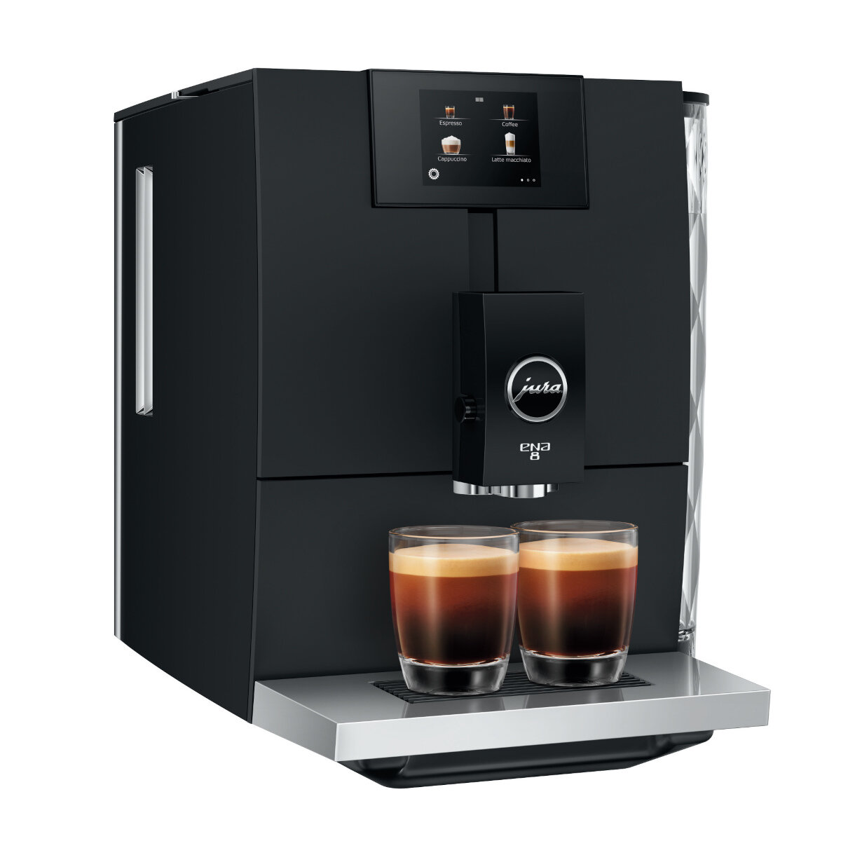 Czarny ekspres do kawy Jura ENA 8 z dwoma filiżankami espresso na białym tle.