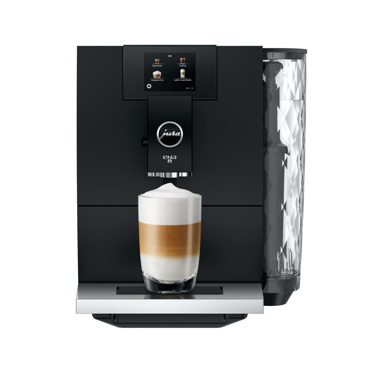 Czarny ekspres Jura ENA 8 z latte macchiato w szklance, białe tło.