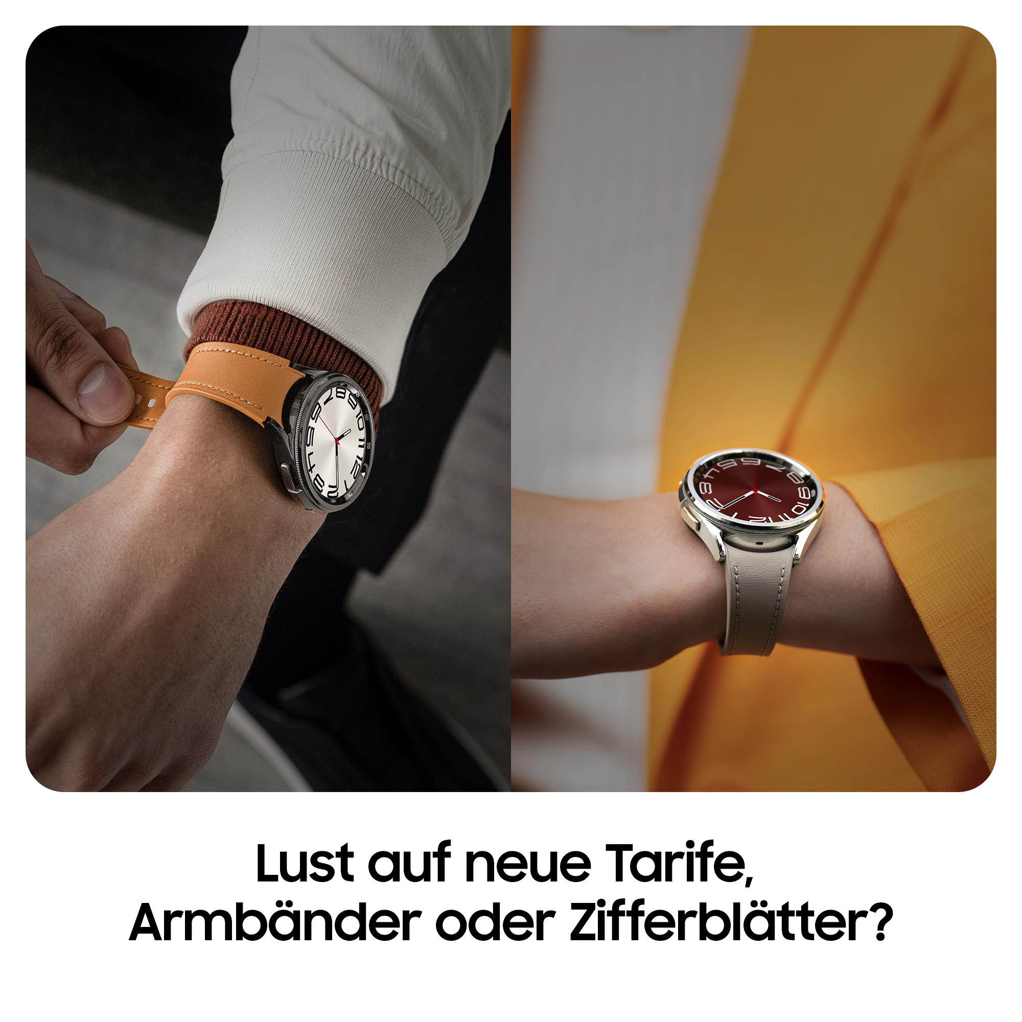 Nahaufnahme von zwei Handgelenken mit Smartwatches und unterschiedlichen Armbändern.