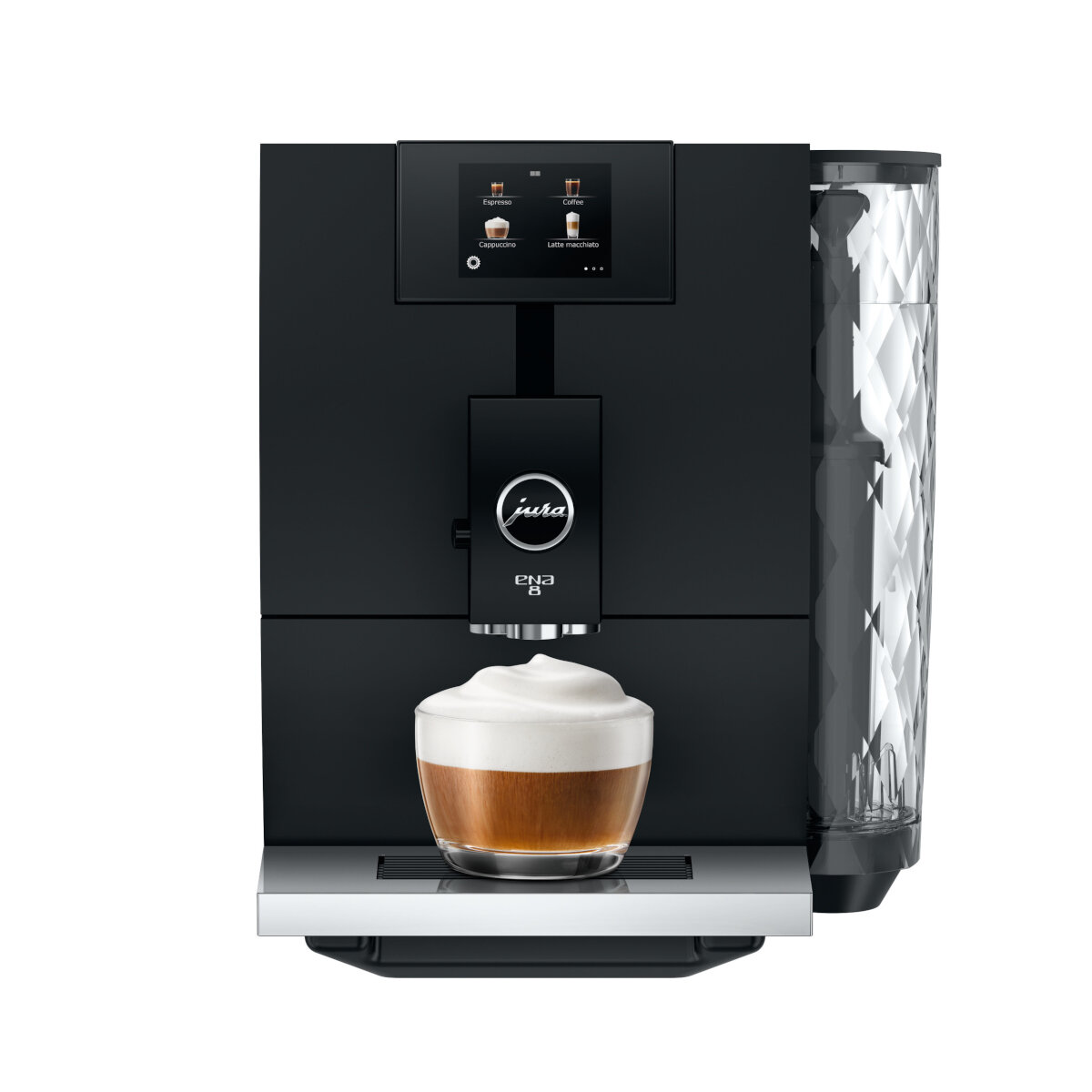 Czarny ekspres do kawy z ekranem dotykowym, filiżanką kawy i przezroczystym pojemnikiem na wodę.