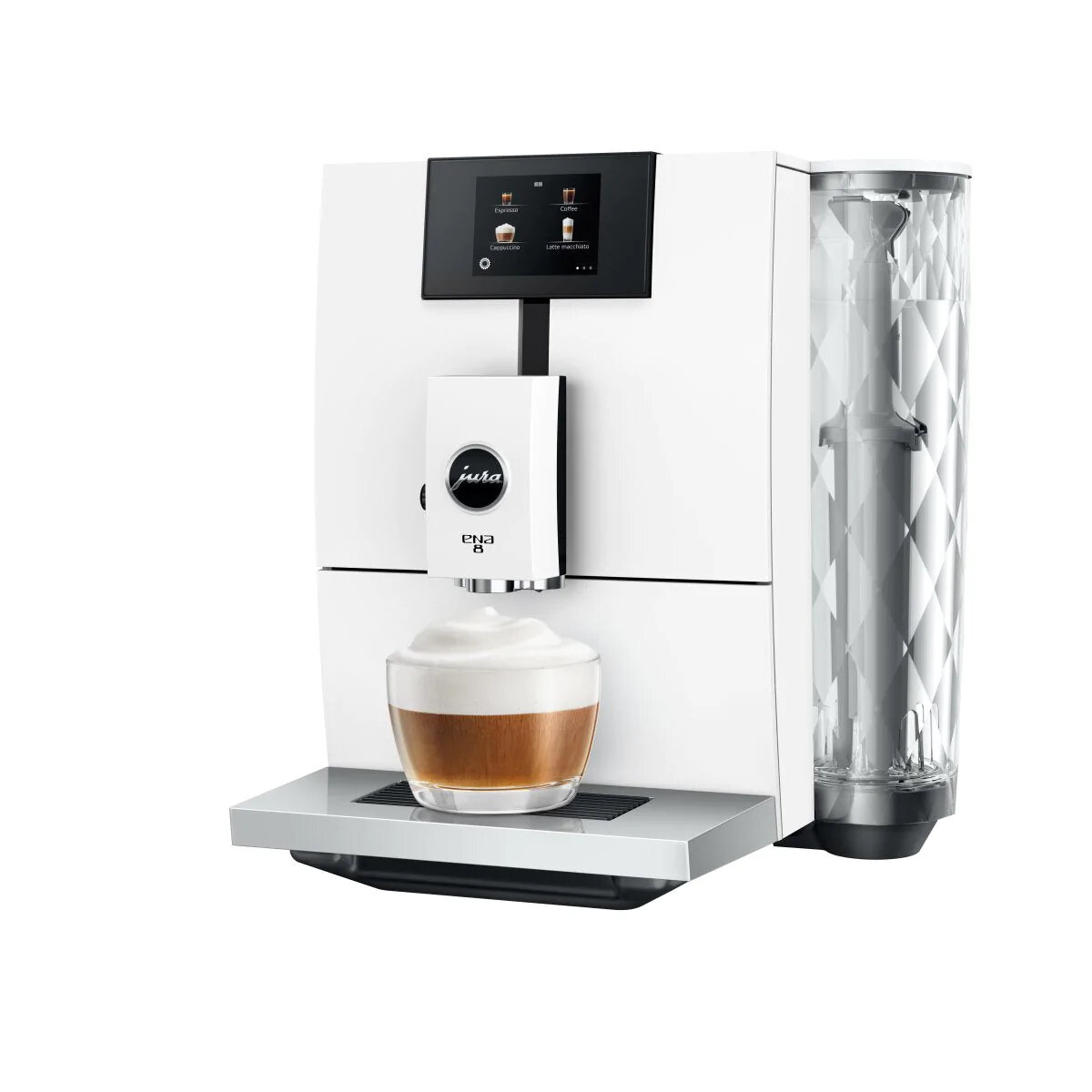 Biały ekspres do kawy ze szklanką kawy i spienionym mlekiem.