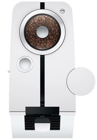 Biały ekspres do kawy z ziarnami kawy w przezroczystym pojemniku.