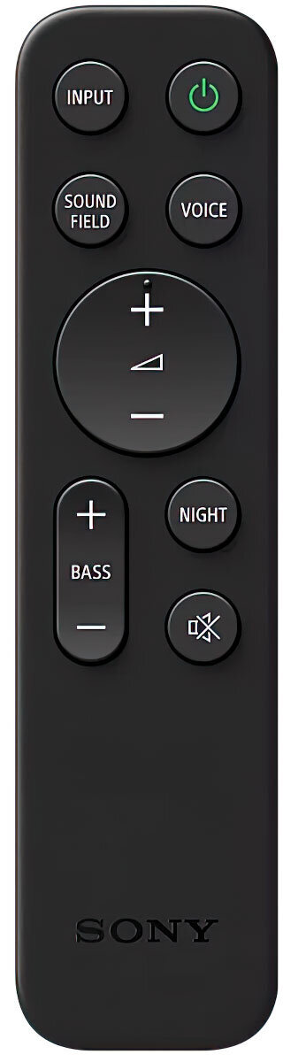 Czarny pilot Sony z przyciskami: wejście, pole dźwiękowe, głos, głośność, bas, noc i wyciszenie.