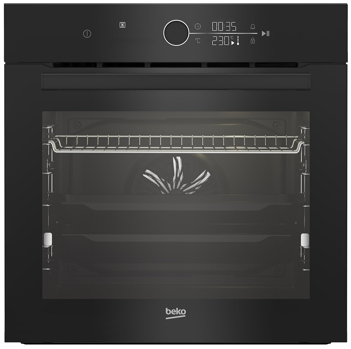 Czarny piekarnik Beko, pokazujący wnętrze.