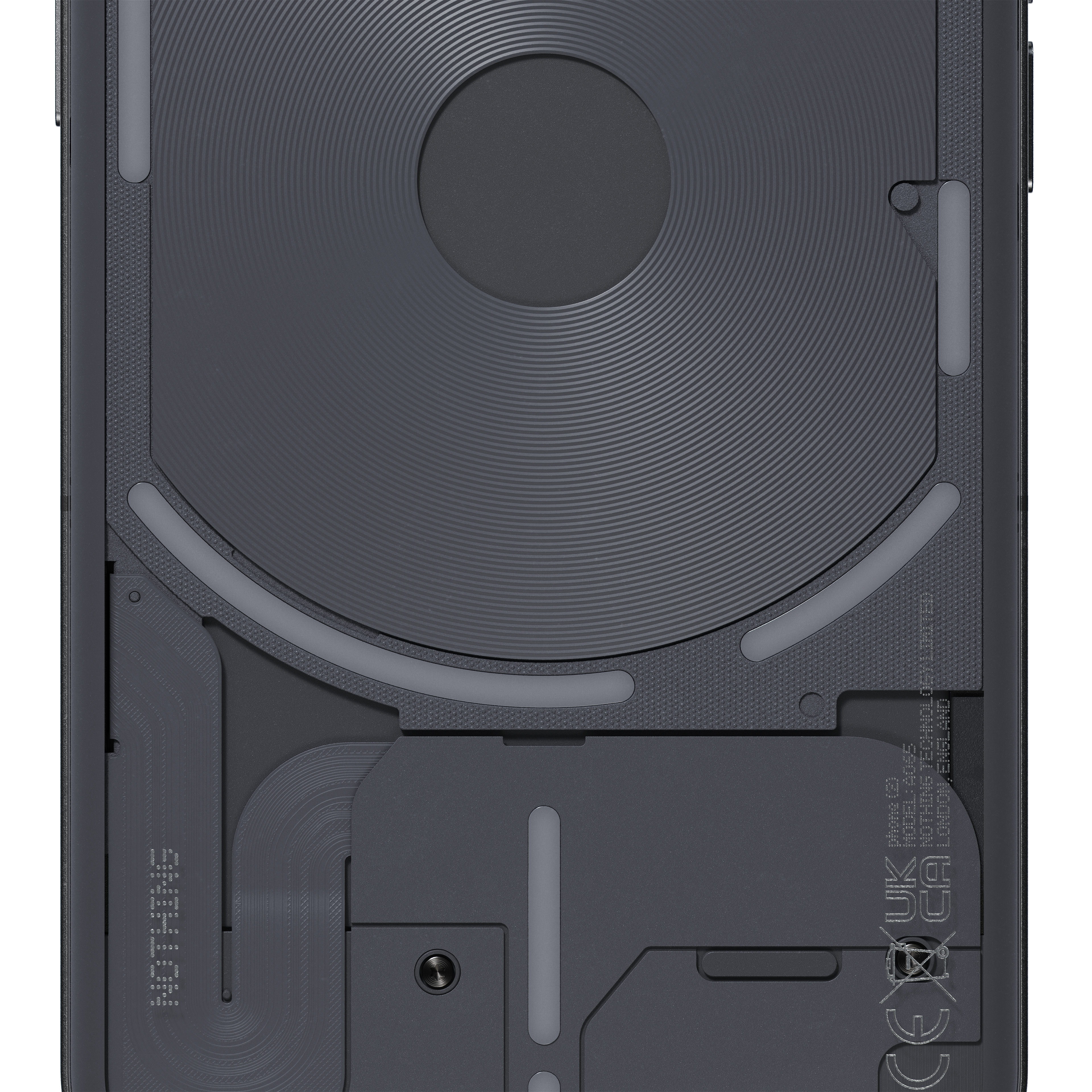 Dunkelgraue Telefonrückseite, mit kreisförmigem Design und 'NOTHING'-Logo.