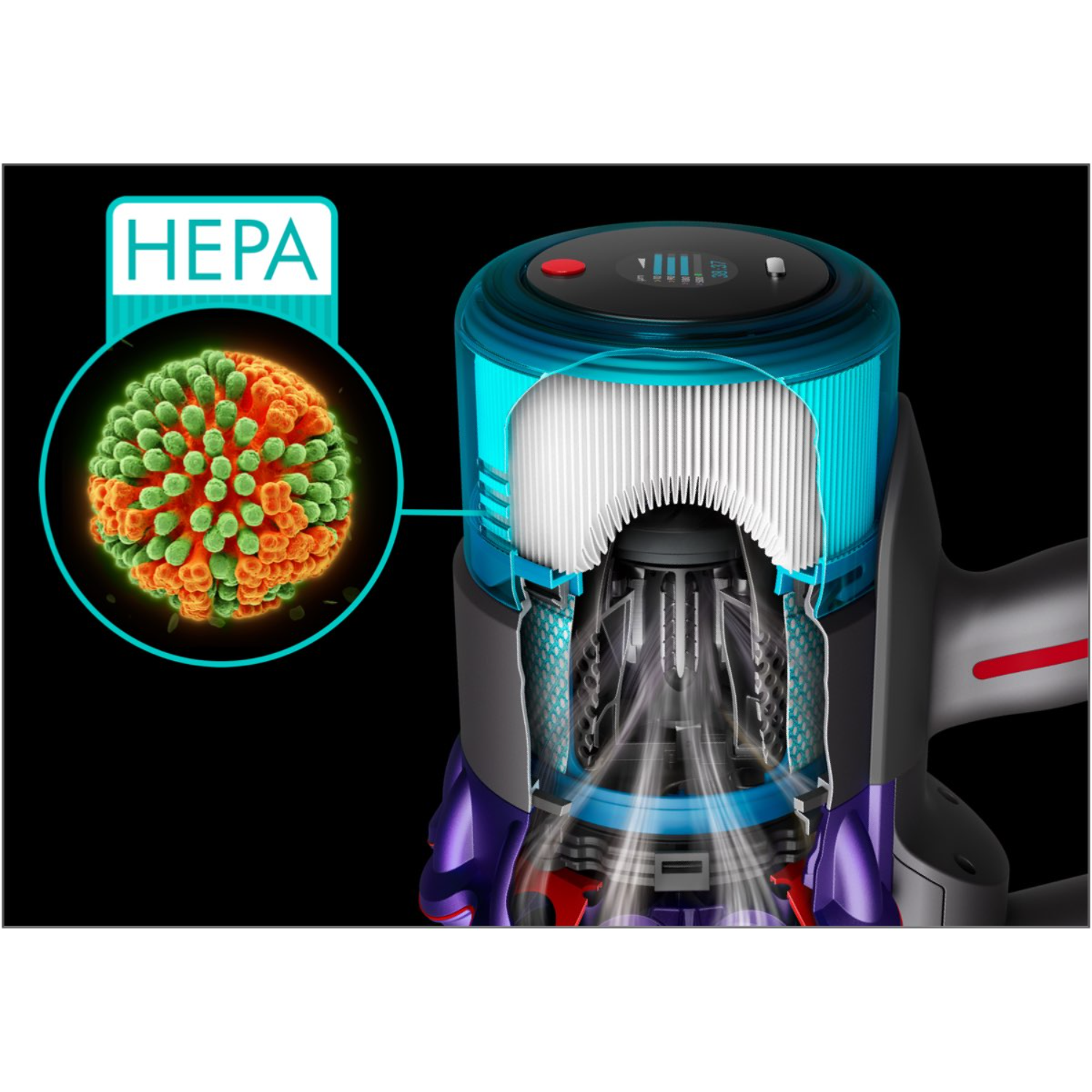 Een diagram van de interne componenten van een stofzuiger, met HEPA filter label en een kiem illustratie.