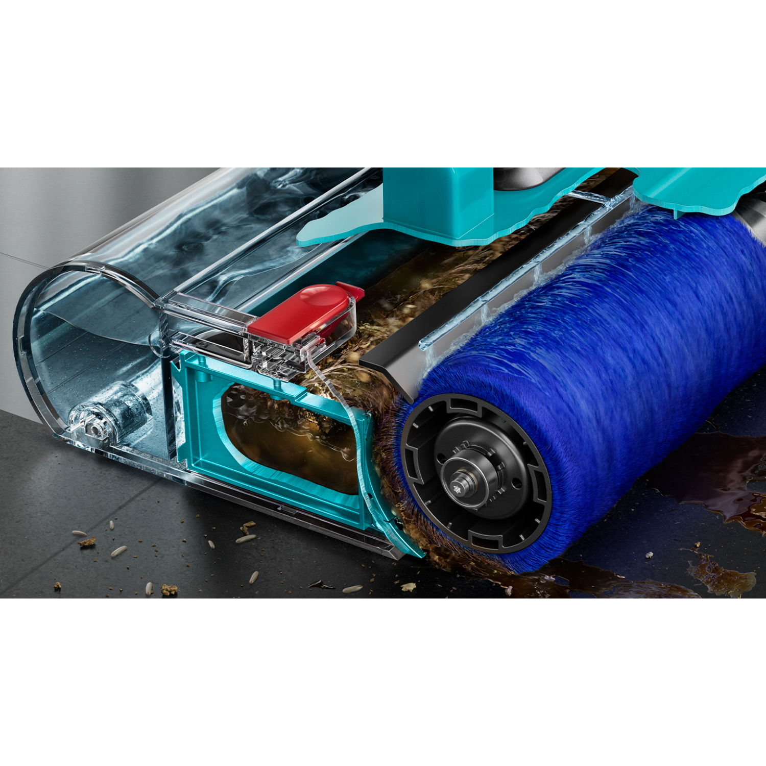 Close-up of vacuum cleaner head. Blue roller brush cleans a surface. The transparent chamber shows the cleaning process.