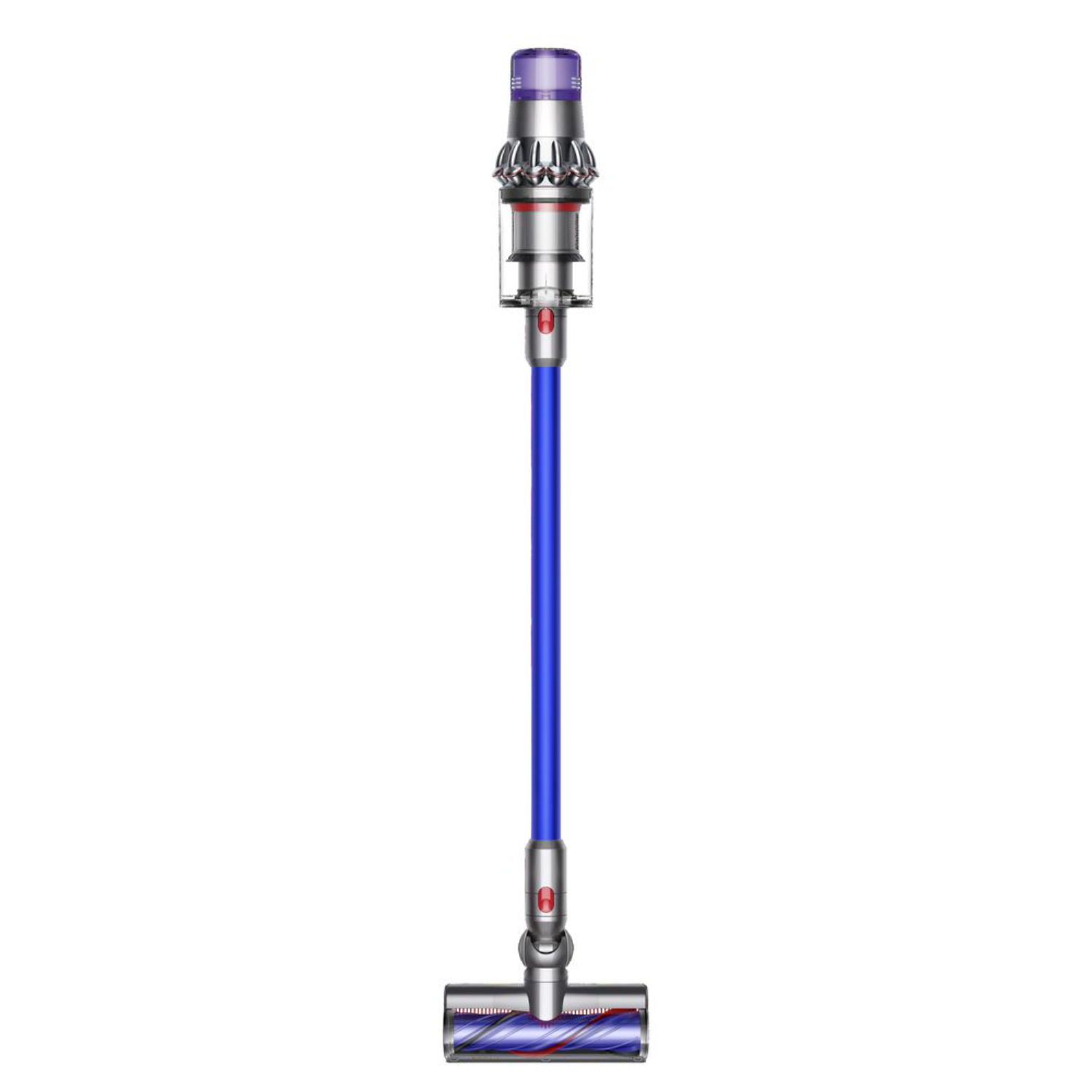 A blue and silver vacuum cleaner with a long handle stands upright.