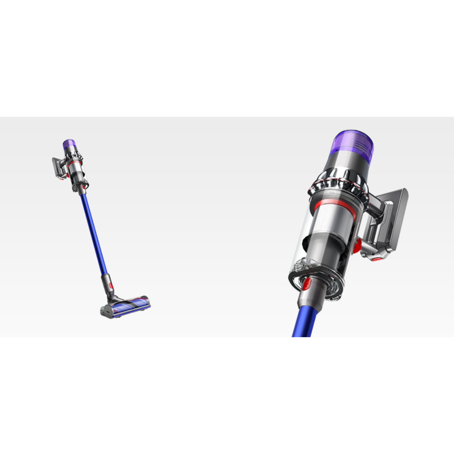 Blue vacuum cleaner, details of the main body and handle.
