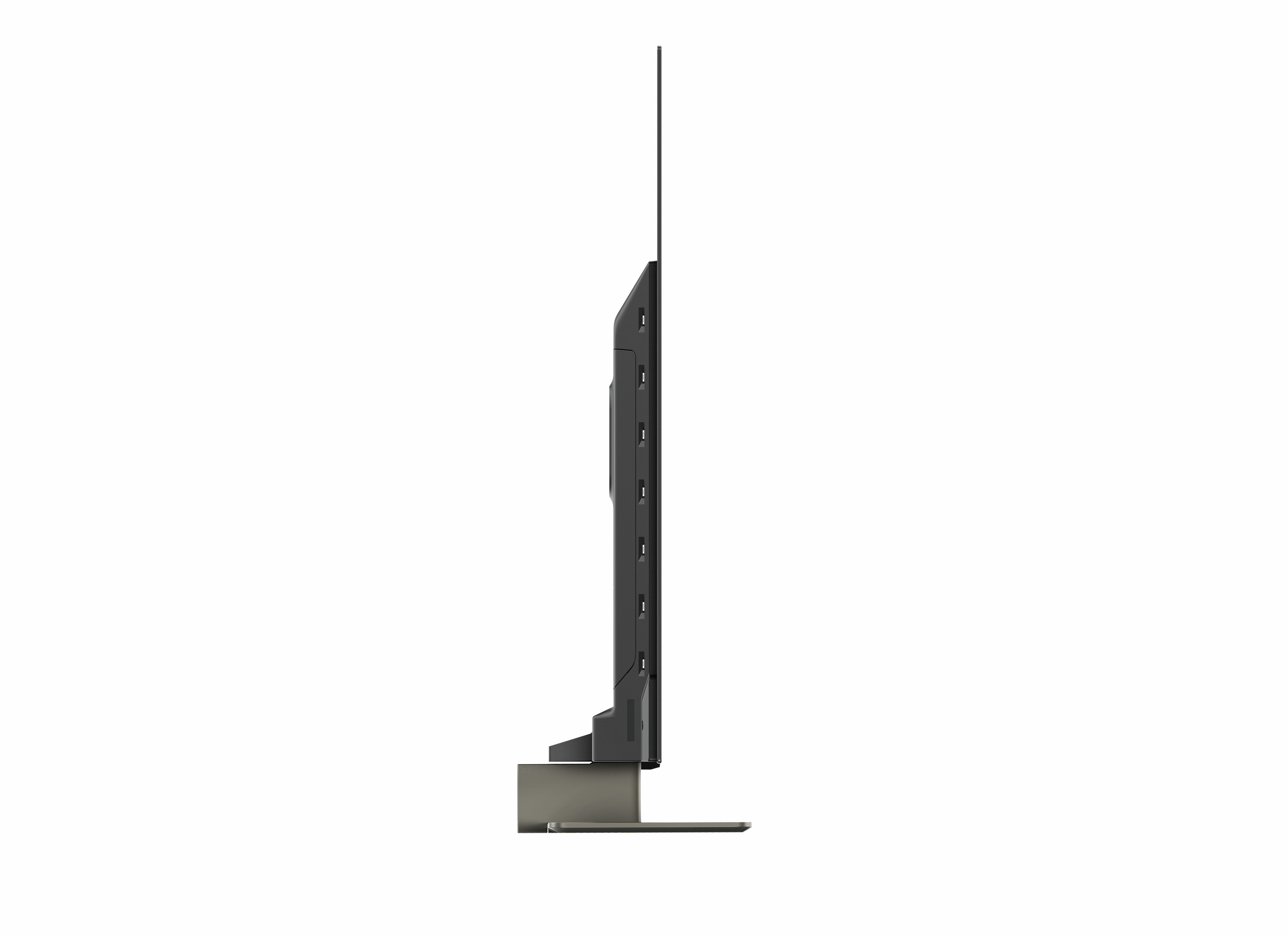 Bir stand üzerinde çok ince siyah bir TV'nin yan görünümü. TV beyaz bir arka plana karşı.