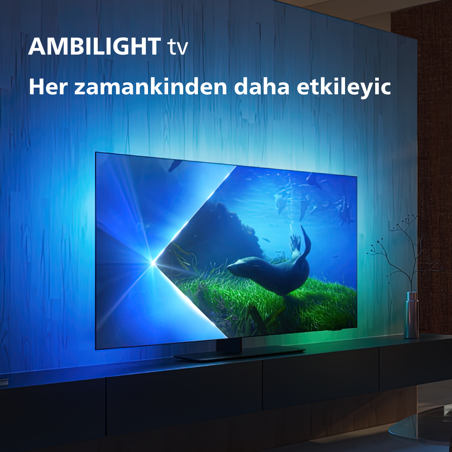 Ekranın etrafında mavi ve yeşil ışıklar olan bir TV. Ekran, sualtı sahnesini gösteriyor.