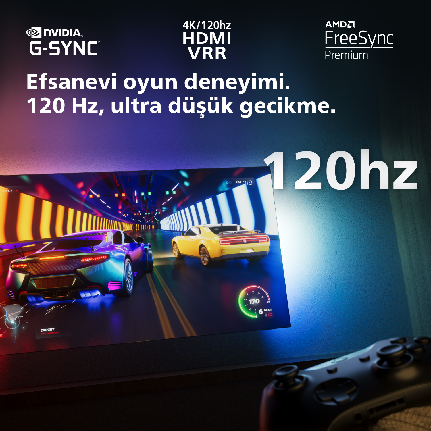 Bir araba yarışı oyunu, bir kontrol cihazı ve 120Hz hakkında metin içeren bir oyun monitörü.