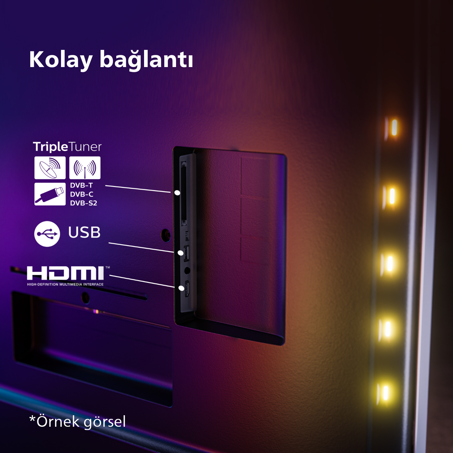 TV'nin arka panelinin yakın çekimi. USB, HDMI ve anten bağlantıları için bağlantı noktalarını gösterir.