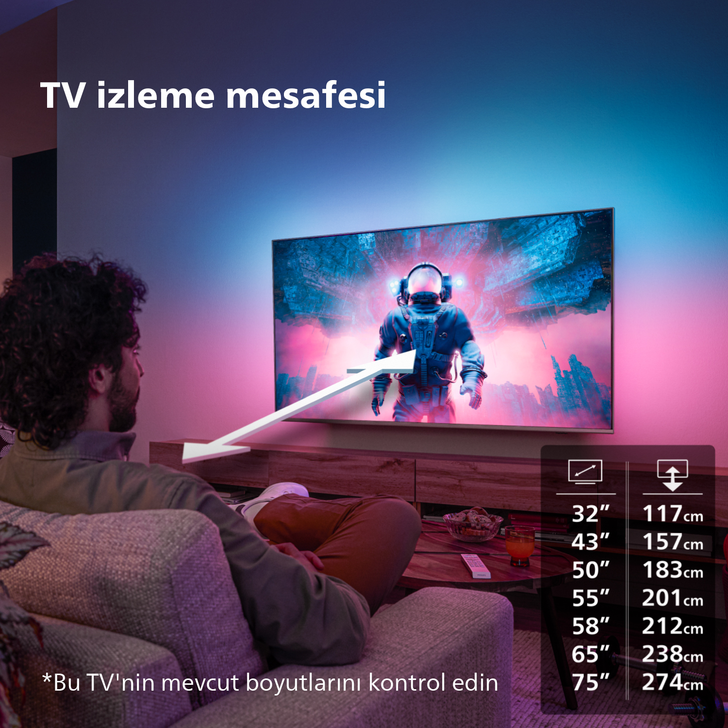 Adam TV izliyor, TV uzay sahnesi gösteriyor, boyut tablosu ile.