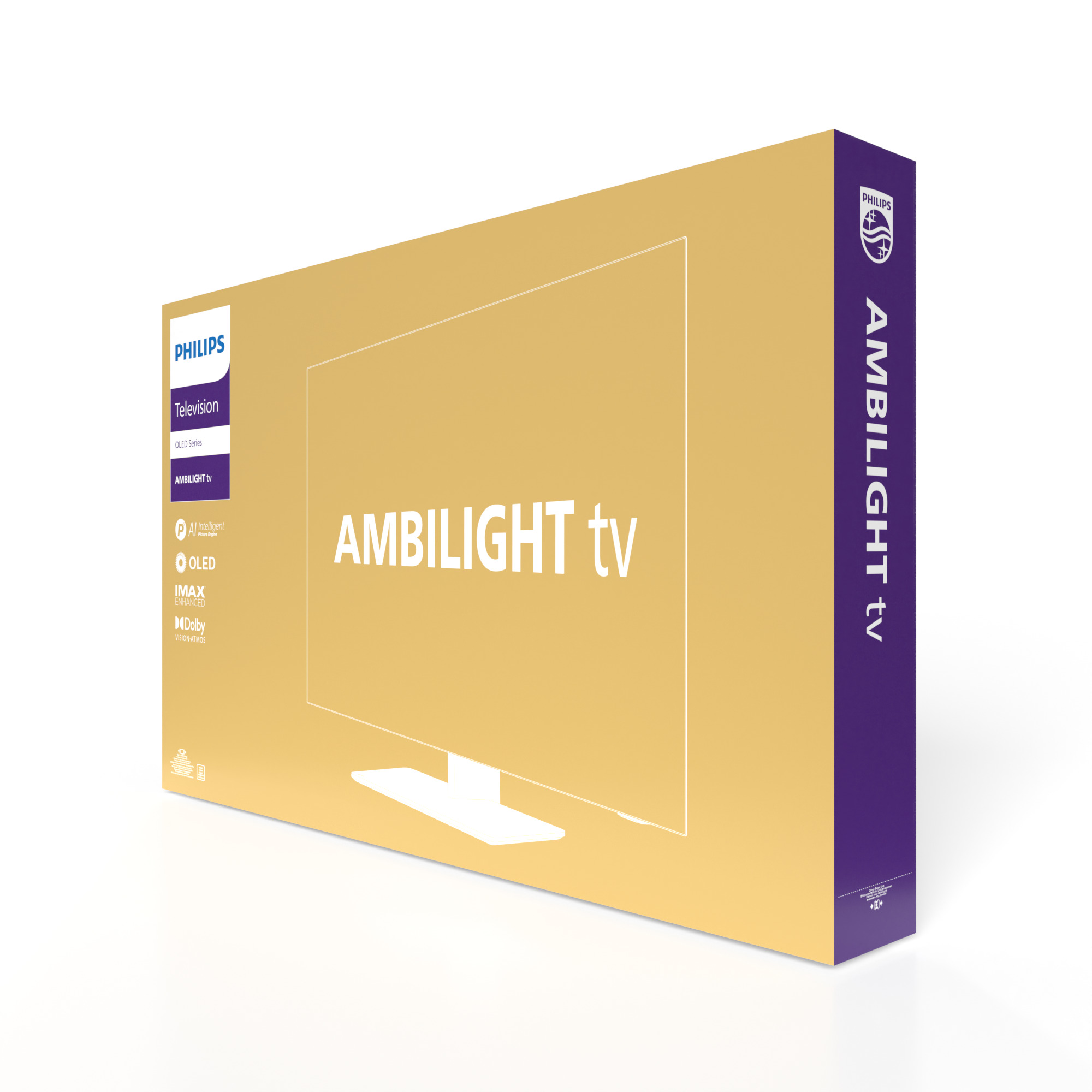 Beyaz zemin üzerinde Philips Ambilight TV kutusu.