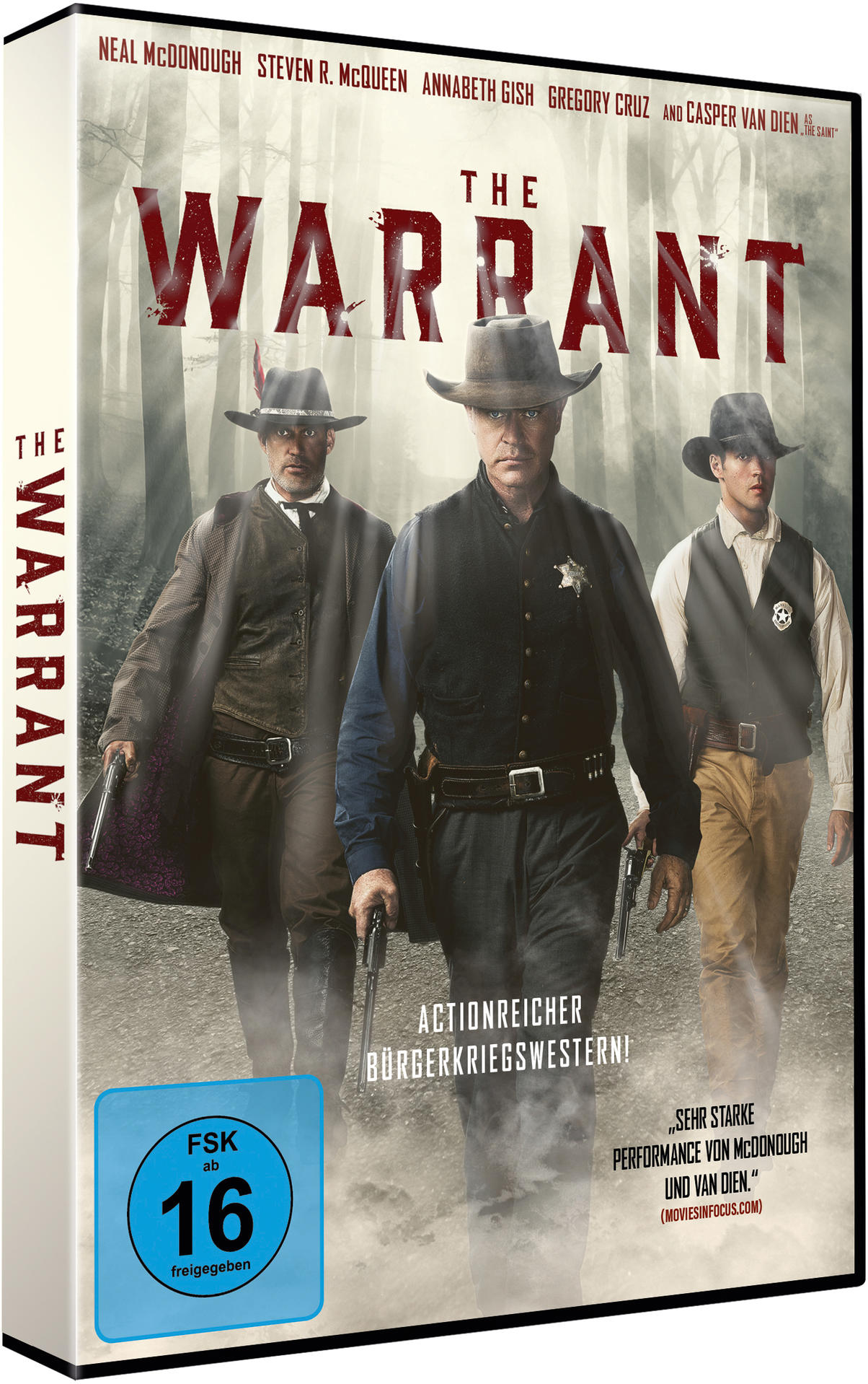 DVD-Hülle für den Film 'The Warrant'. Drei Männer in Cowboy-Kleidung gehen durch einen Wald.