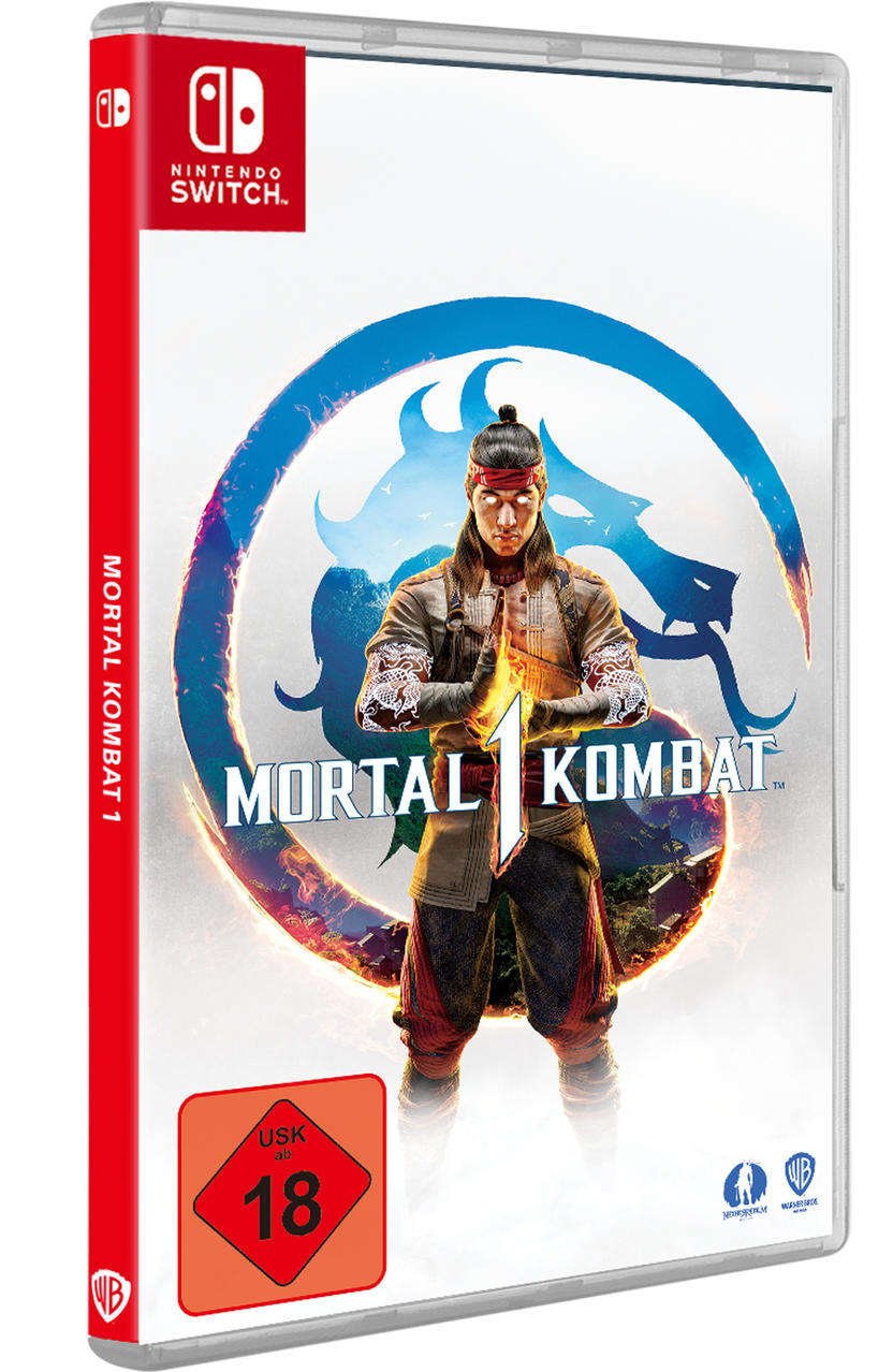 Mortal Kombat 1 Spielbox, Vorderansicht, mit einer Charakterillustration.