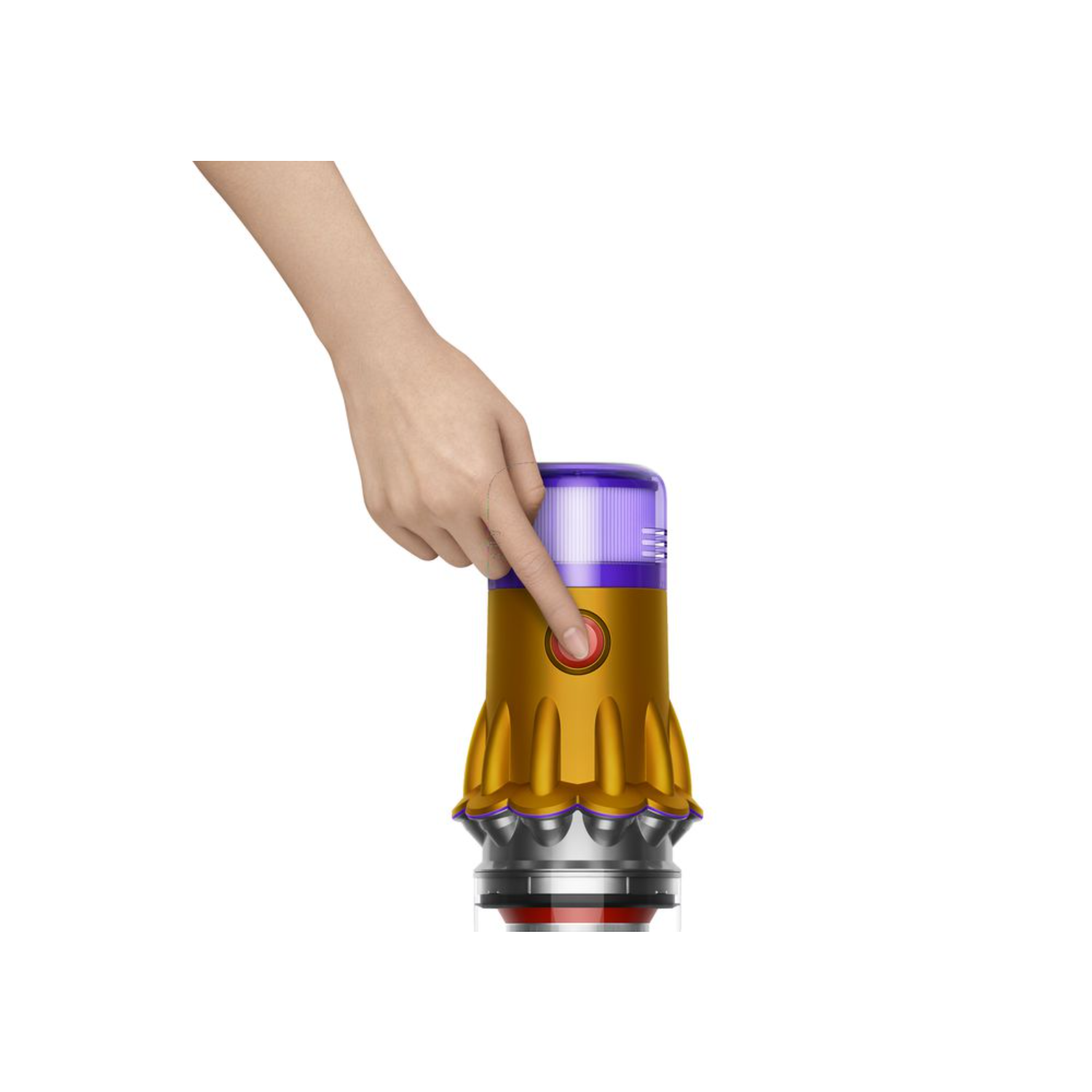 Een hand die de aan-uitknop indrukt op een goud en paarse Dyson stofzuigerkop.
