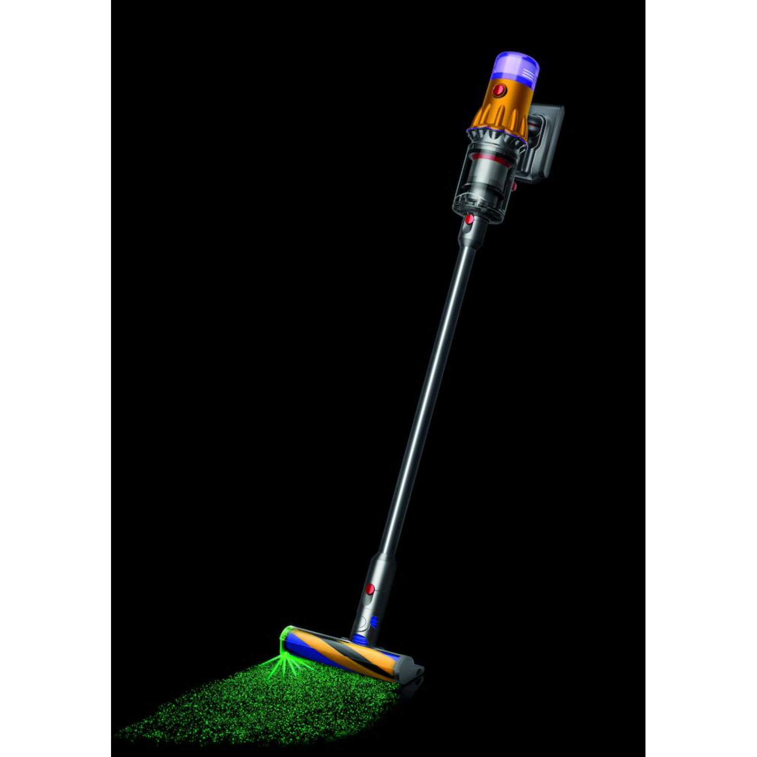 Een stofzuiger met een groene lichtstraal die schoonmaakt op een zwarte achtergrond. De stofzuiger is geel en blauw.