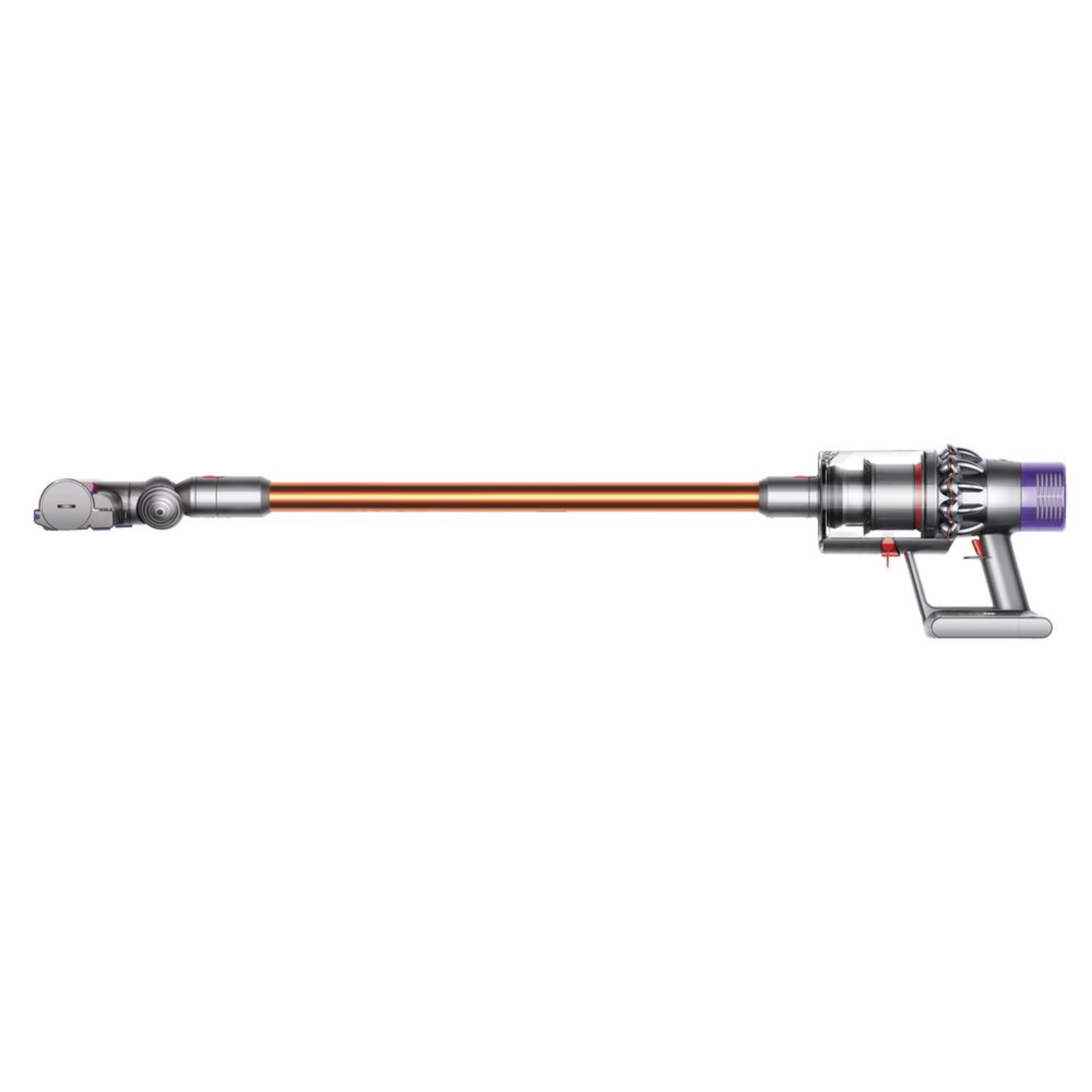 Dyson stofzuiger, die het steelgedeelte met een koperkleurige buis laat zien.