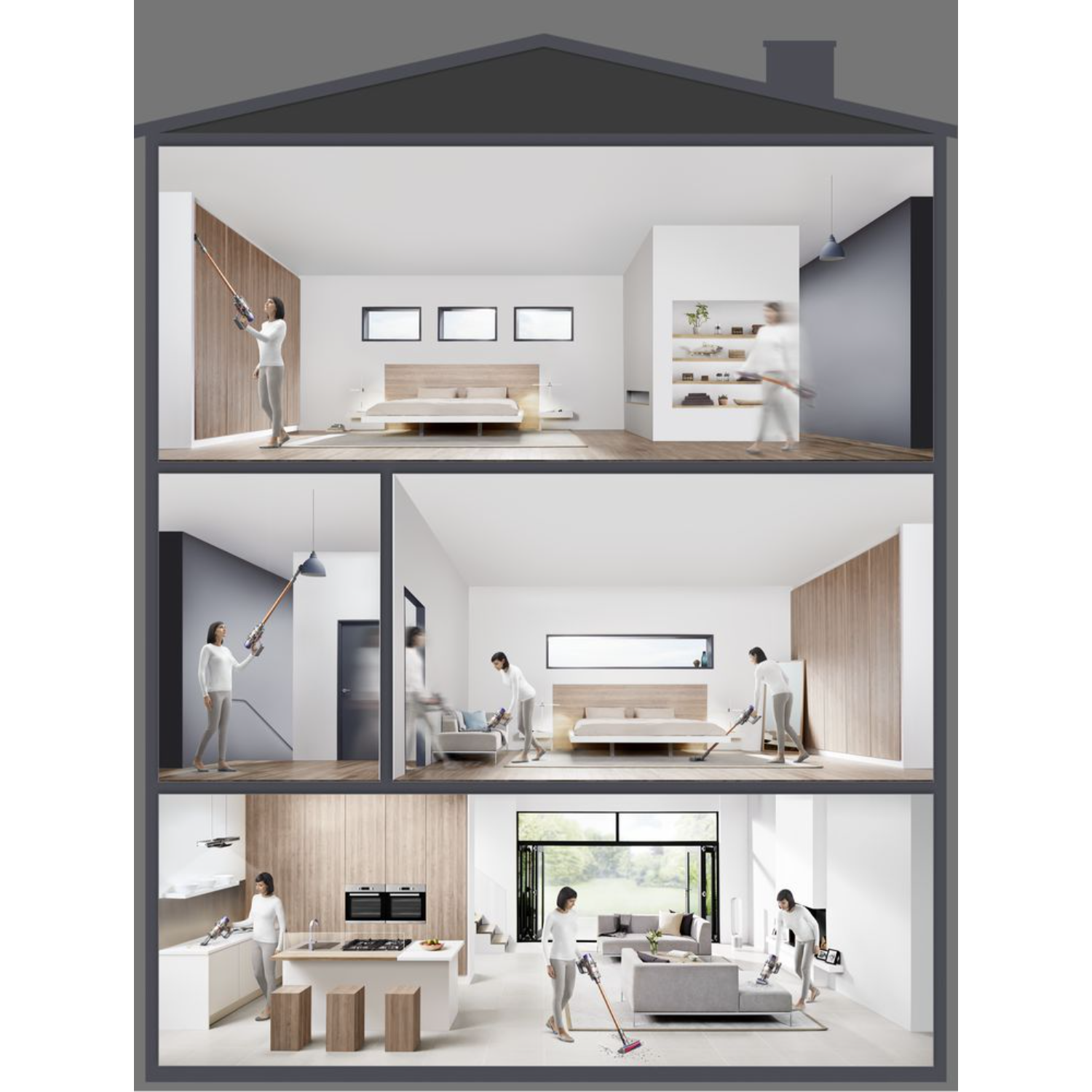 Diagram van een interieur van een huis met een persoon die verschillende kamers stofzuigt.