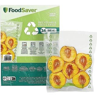 Bolsas de envasado - Foodsaver FSBE4802X-01, Plástico mixto, 0.97l, 36 bolsas, Aptas para congelar y cocer, Transparente