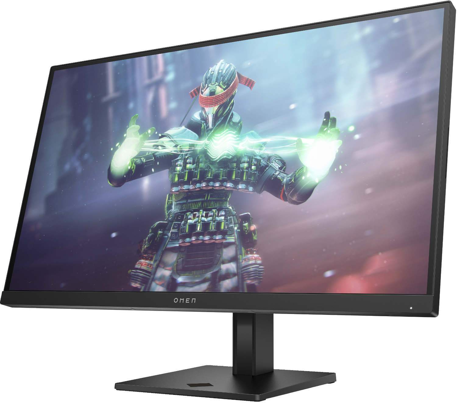 Moniteur OMEN noir avec une image de jeu vidéo. Il a un socle et une lunette noirs.