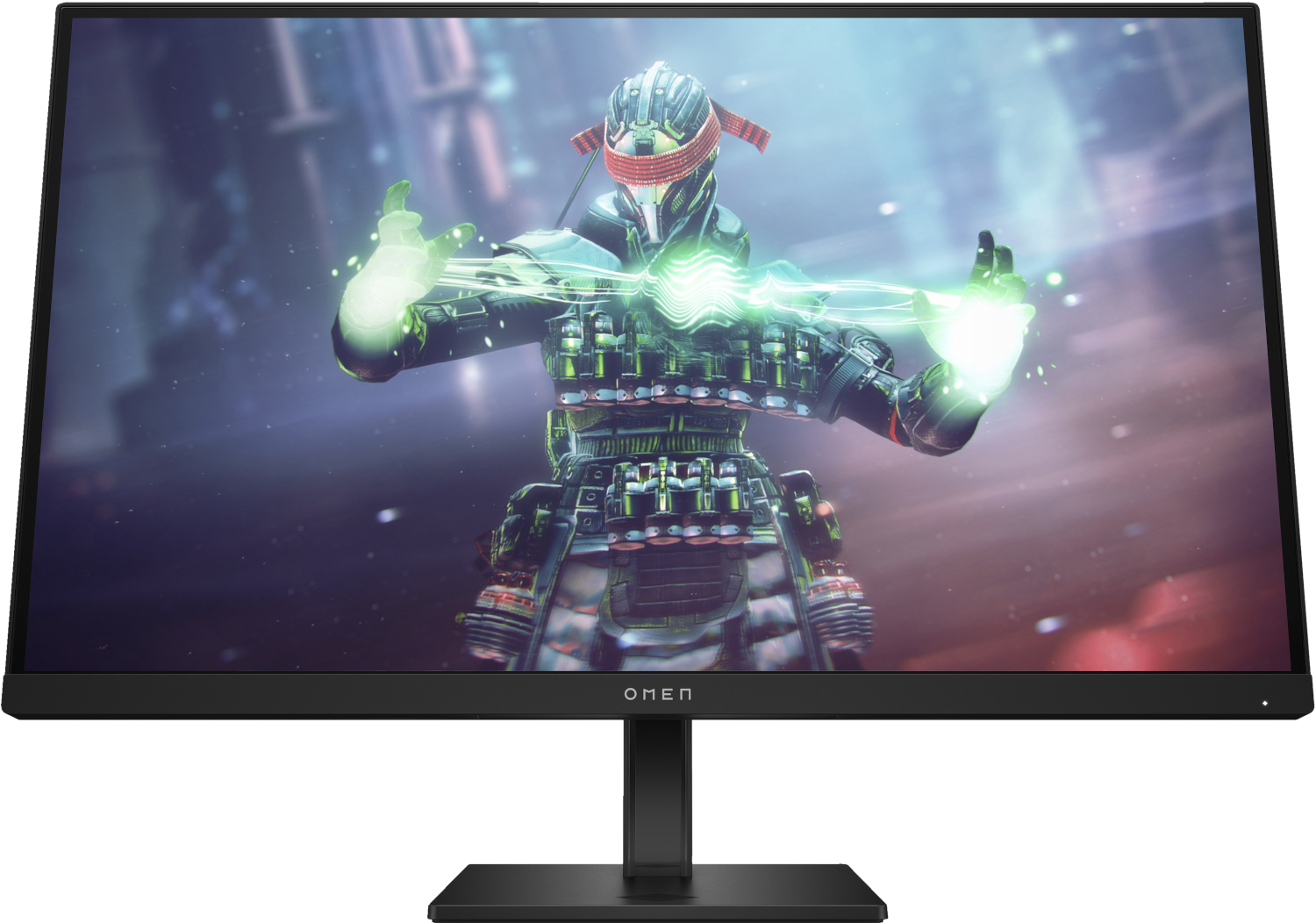 Moniteur OMEN noir affichant une scène de jeu vidéo avec un personnage et des effets lumineux.