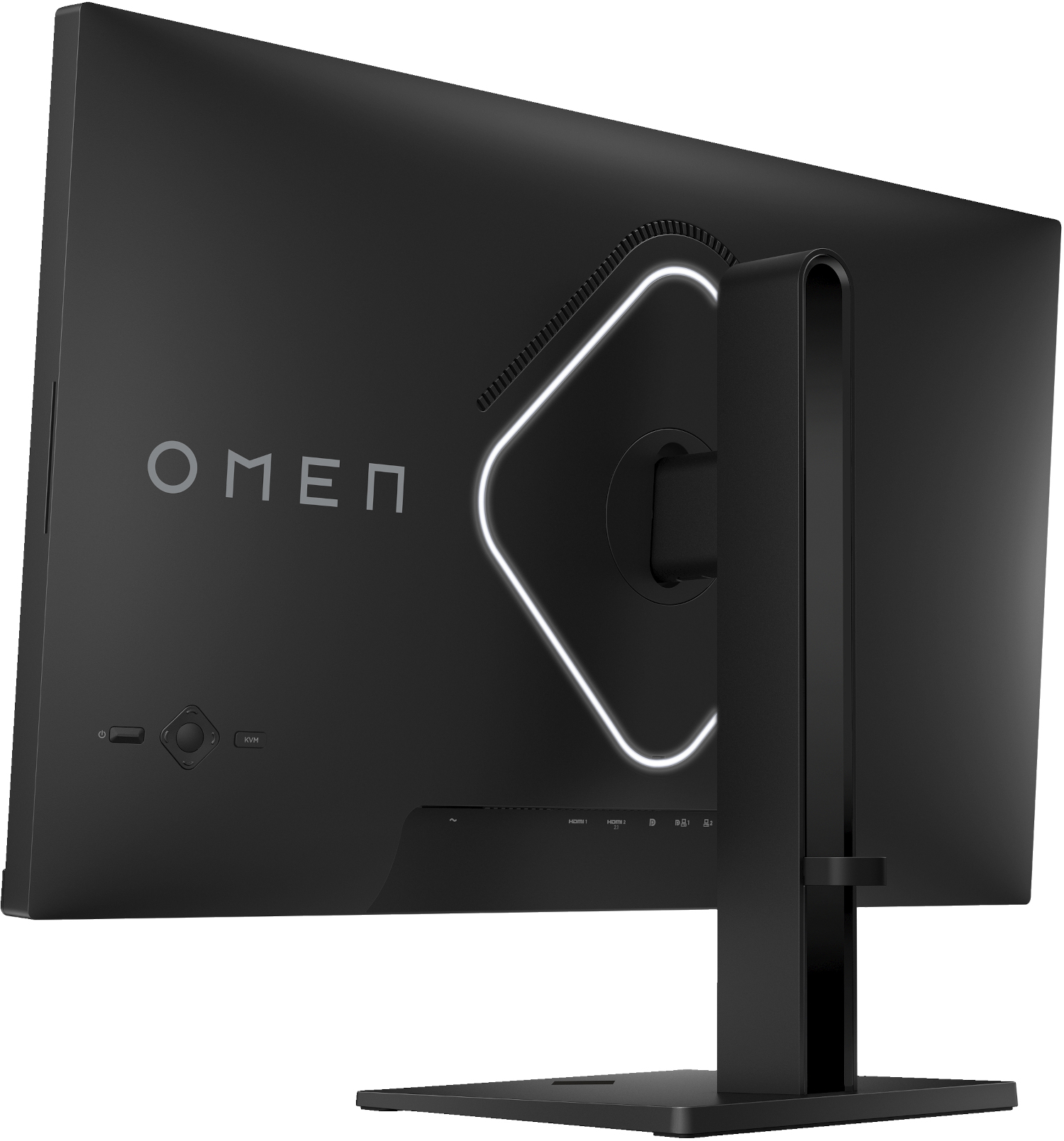 Écran d'ordinateur noir, avec le logo OMEN et les ports visibles à l'arrière.