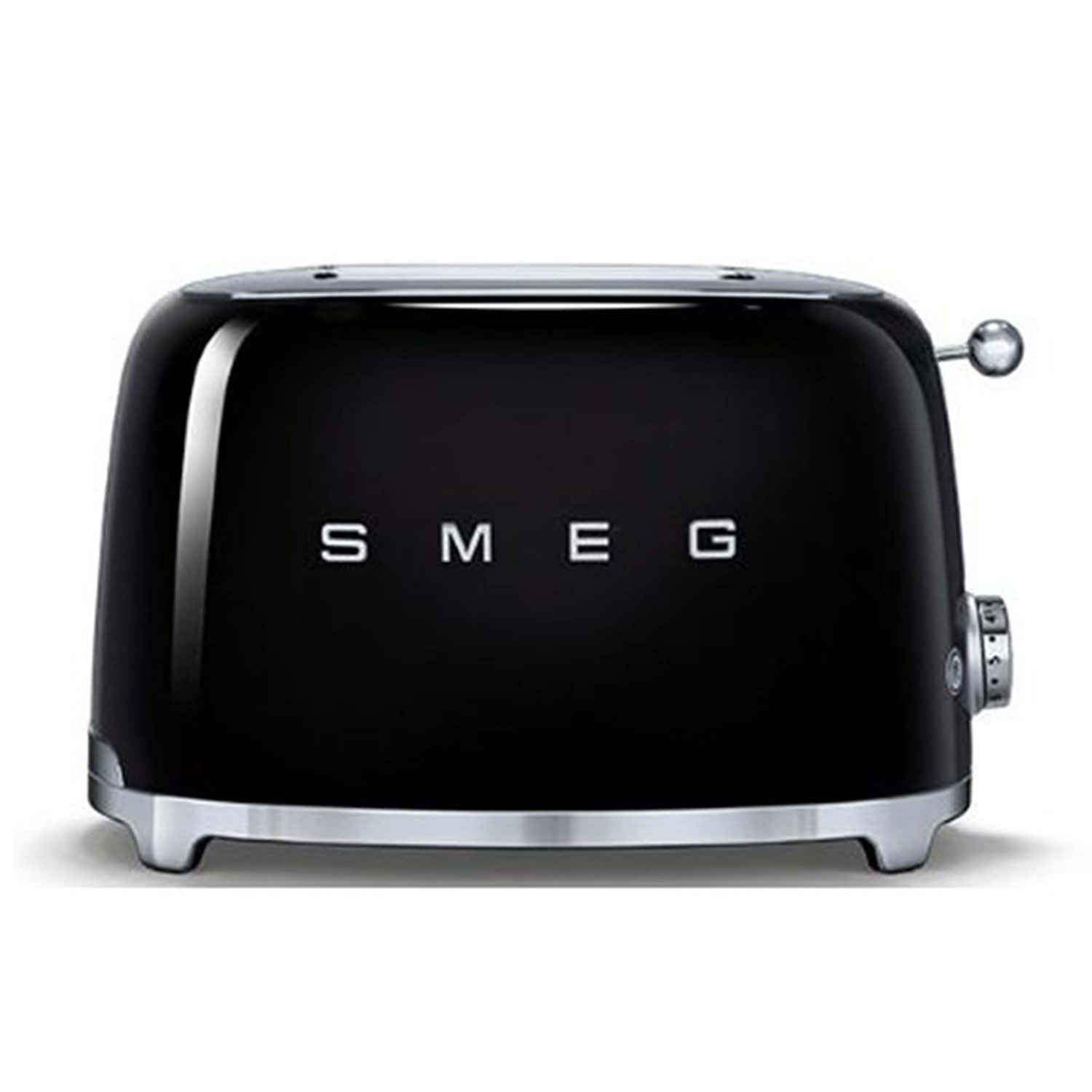 Tostapane SMEG nero. Finitura nera lucida, finiture argentate e logo SMEG in lettere bianche.