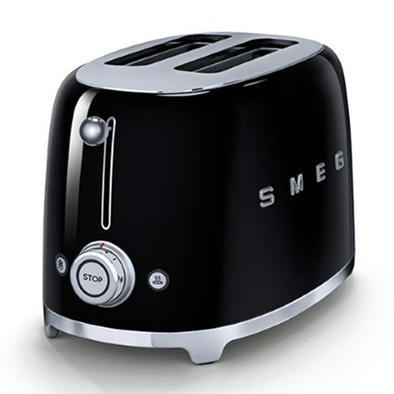 Tostapane SMEG nero. Dettagli cromati, quadrante con pulsante di stop, due fessure.