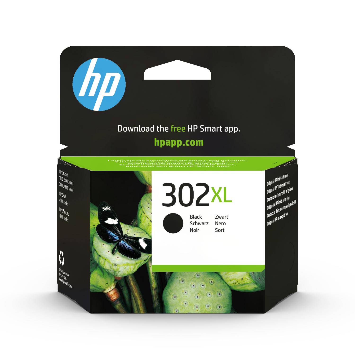 HP inktcartridge doos. Zwarte inkt, met een vlinder afbeelding. Groene en zwarte kleuren. Witte achtergrond.