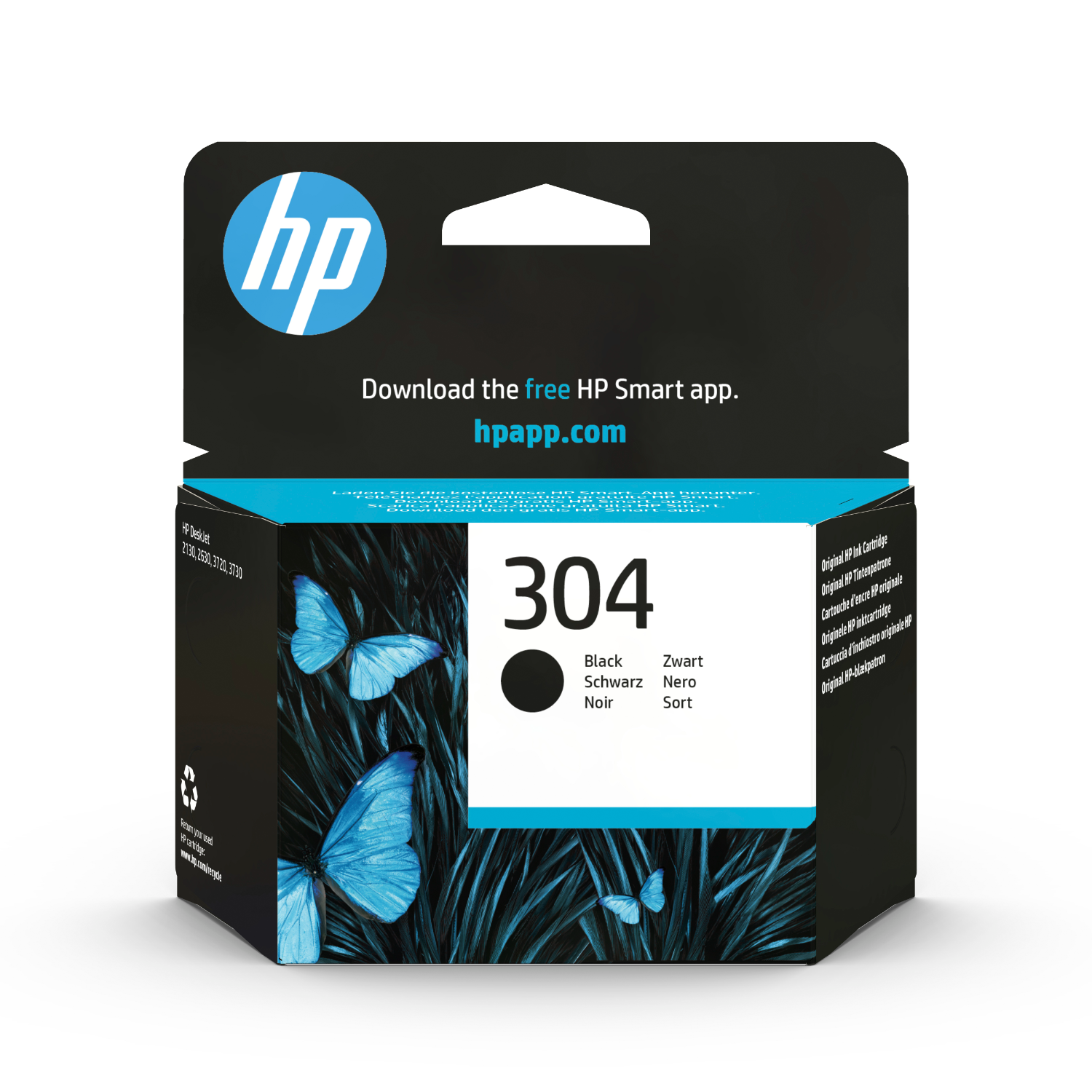HP ink cartridge box. The box is black and blue, with butterflies on it. The text reads 304.