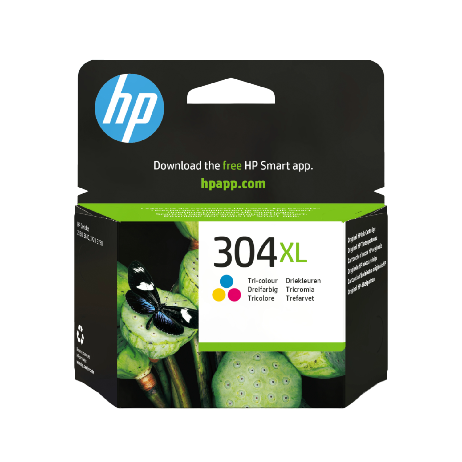 HP 304XL ink cartridge box. It displays the HP logo, colors, and a butterfly image.