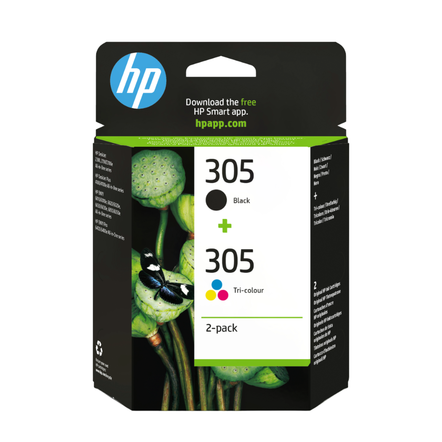 Een doosje HP 305 inktcartridges. Zwarte en driekleurige cartridges zichtbaar.