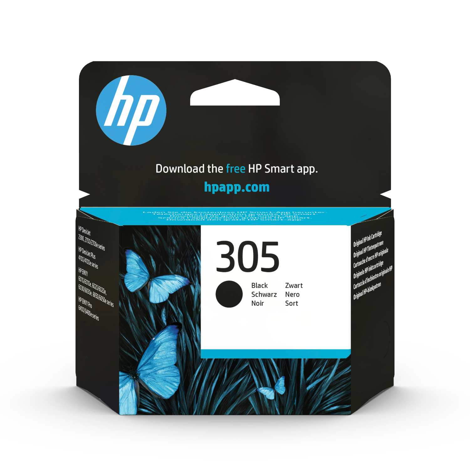 Een HP inktcartridge doos. Toont het cartridge nummer, 305, met zwarte inkt beschrijving.