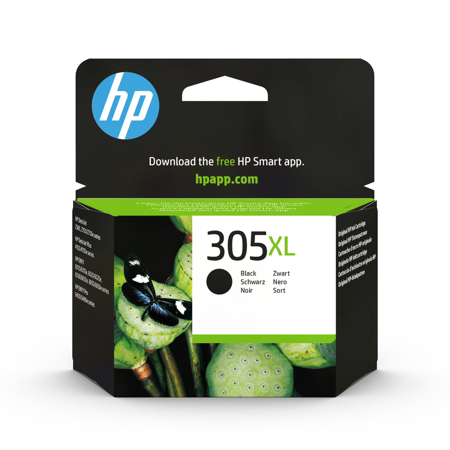 HP 305XL black ink cartridge box with a butterfly and lotus flowers.