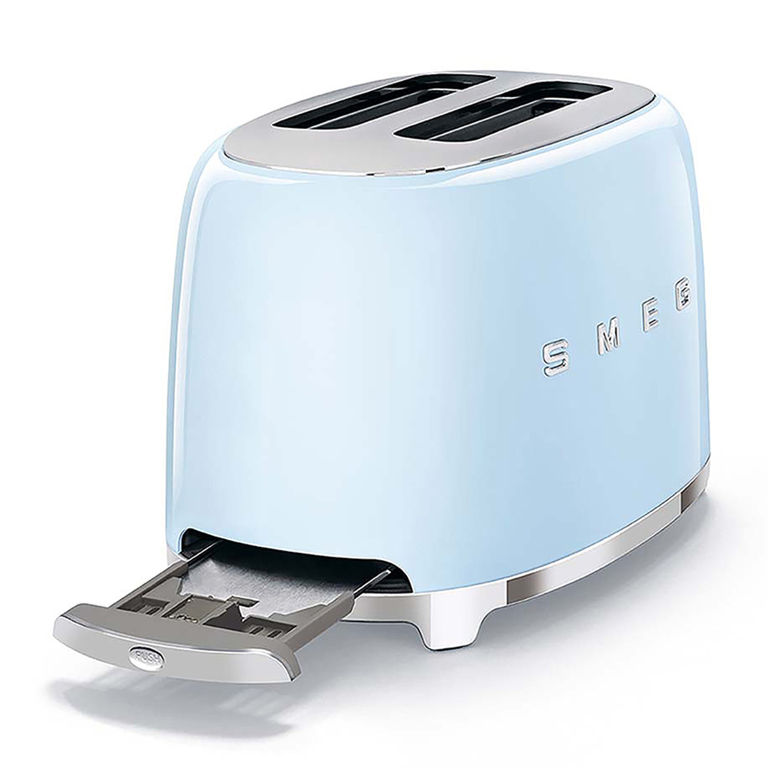 Tostapane Smeg blu con la leva aperta. Dettagli cromati, logo Smeg visibile.