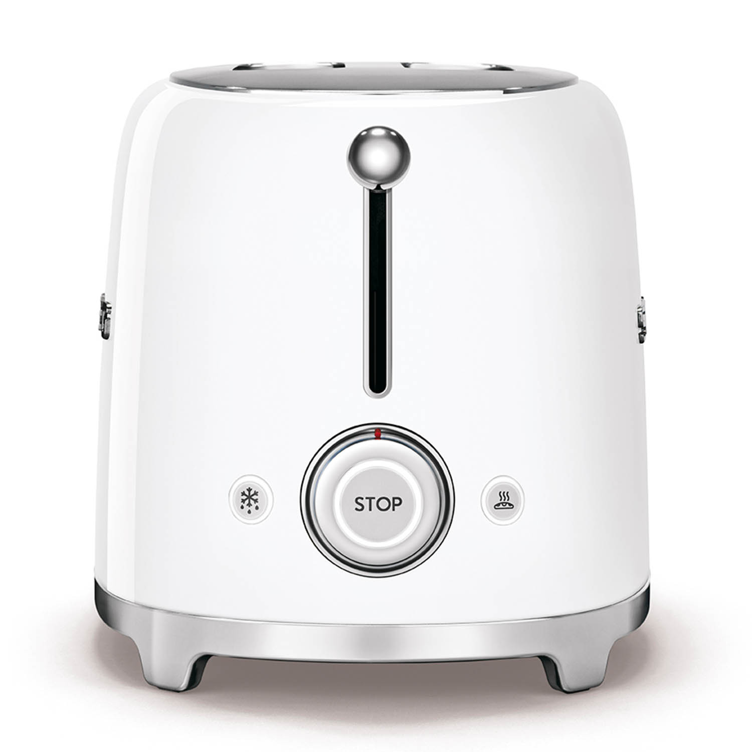 Un tostapane bianco con base argentata e pulsante 'STOP'.