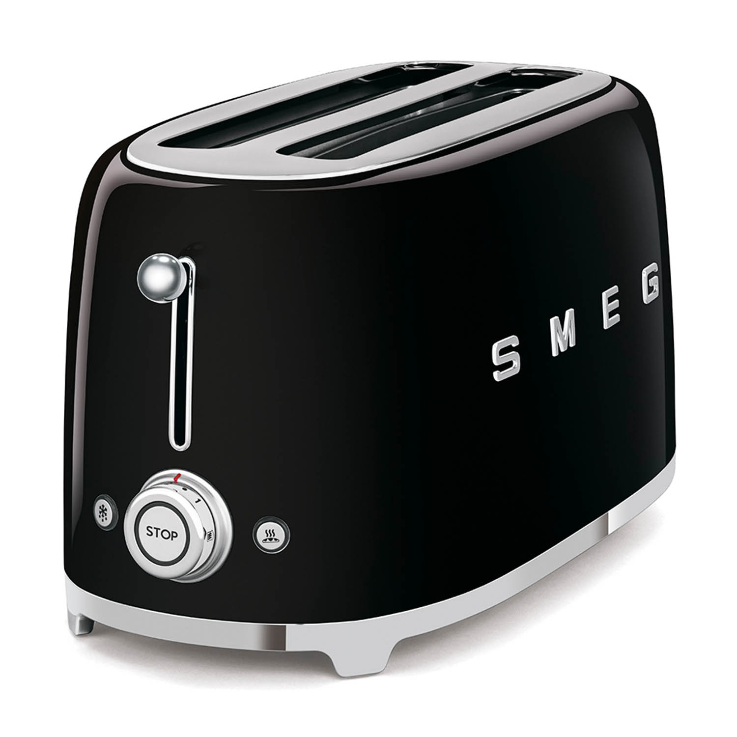 Tostapane Smeg nero con due fessure, dettagli cromati e leva argentata. Sfondo bianco.